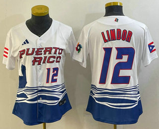 Womens Puerto Rico Baseball #12 Francisco Lindor Number 2023 White World Classic Stitched Jersey